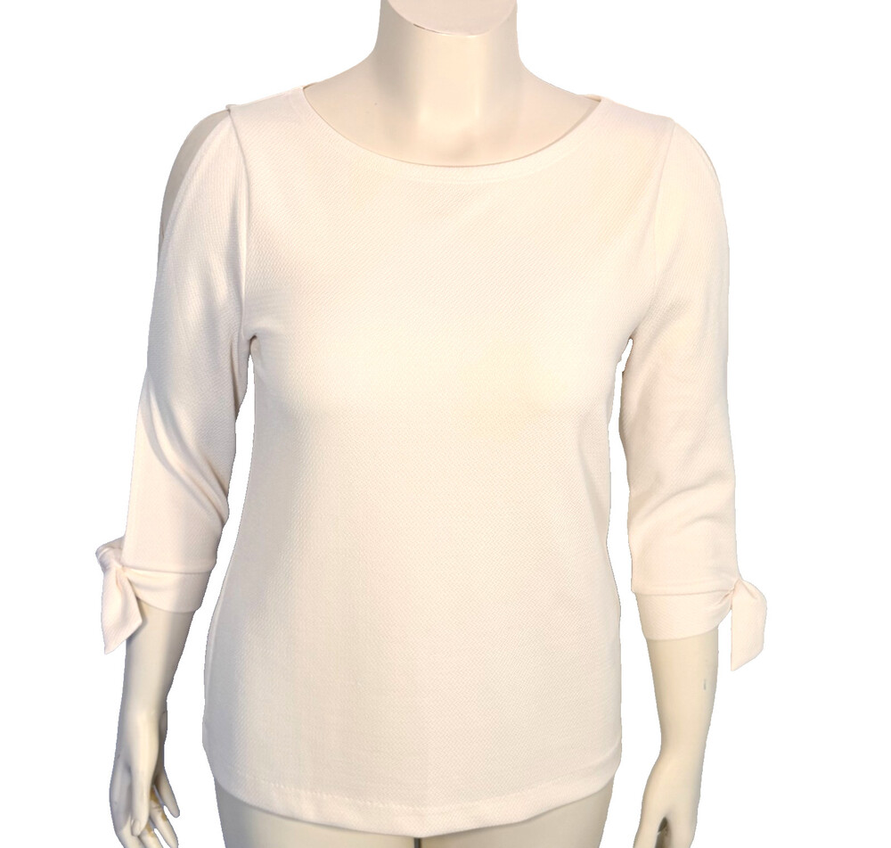 Chico's Blouse Womens M (1) Off White Waffle Knit Split Tie Sleeve Boat Neck